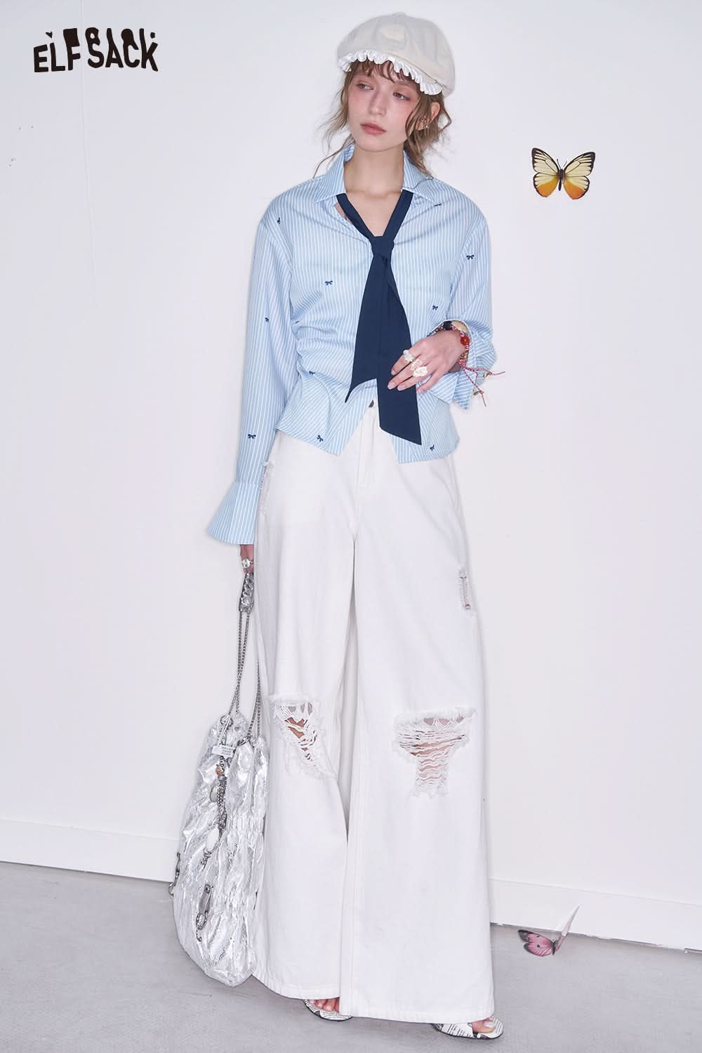 ELFSACK Blue White Striped Butterfly Embroidery Shirt Women Preppy Style Slim Fit Single Breasted Top