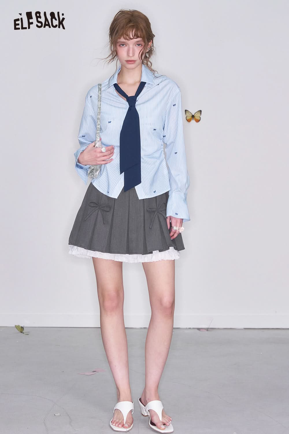 ELFSACK Blue White Striped Butterfly Embroidery Shirt Women Preppy Style Slim Fit Single Breasted Top