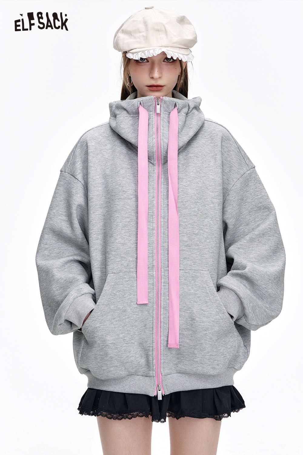 ELFSACK Half Turtleneck Loose Zip-up Hooded Sweatshirt Women's Long Sleeve Oversized Jacket