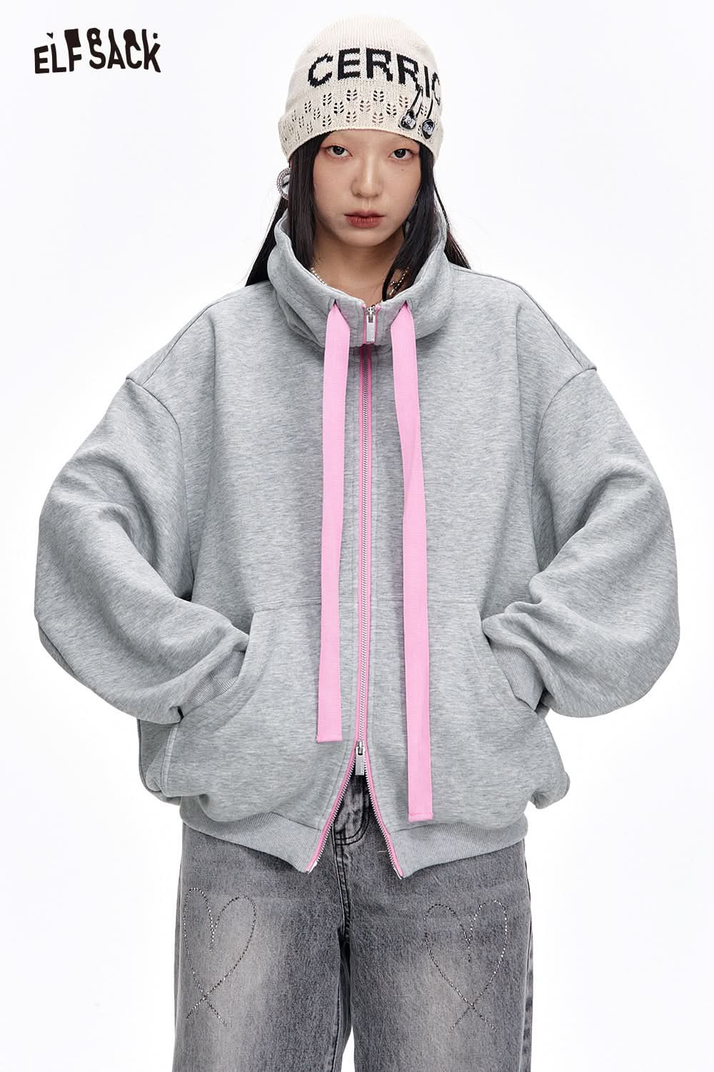 ELFSACK Half Turtleneck Loose Zip-up Hooded Sweatshirt Women's Long Sleeve Oversized Jacket