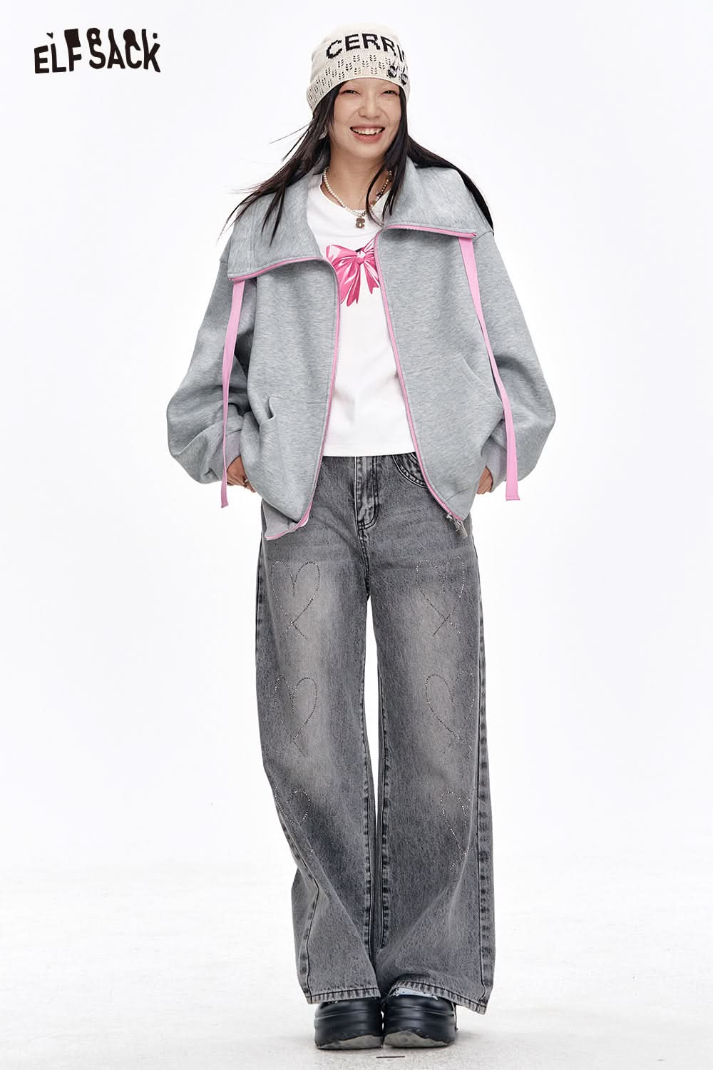 ELFSACK Half Turtleneck Loose Zip-up Hooded Sweatshirt Women's Long Sleeve Oversized Jacket