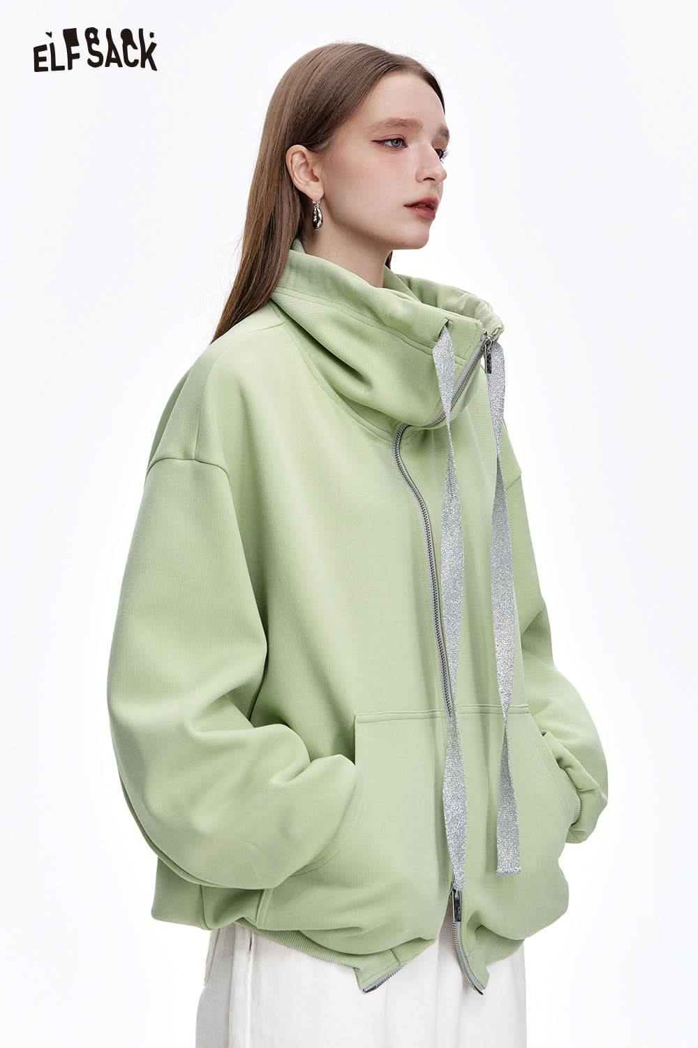 ELFSACK Half Turtleneck Loose Zip-up Hooded Sweatshirt Women's Long Sleeve Oversized Jacket