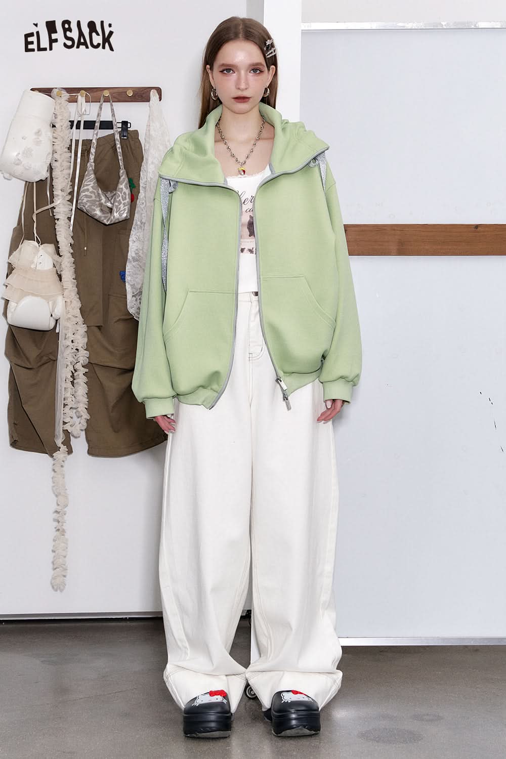 ELFSACK Half Turtleneck Loose Zip-up Hooded Sweatshirt Women's Long Sleeve Oversized Jacket