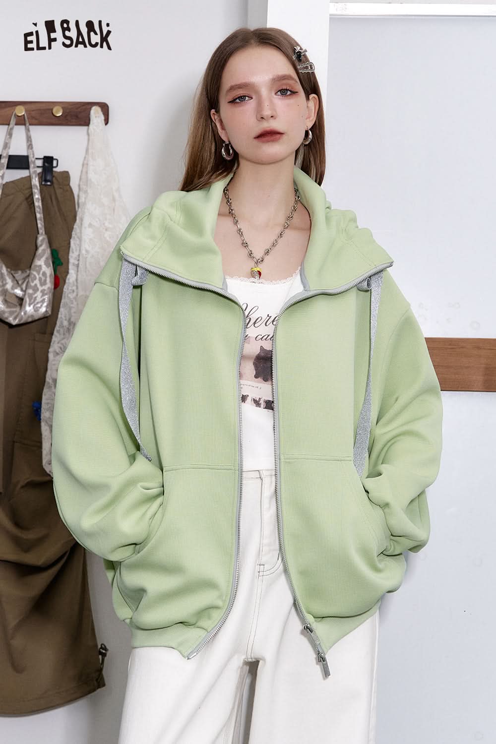 ELFSACK Half Turtleneck Loose Zip-up Hooded Sweatshirt Women's Long Sleeve Oversized Jacket