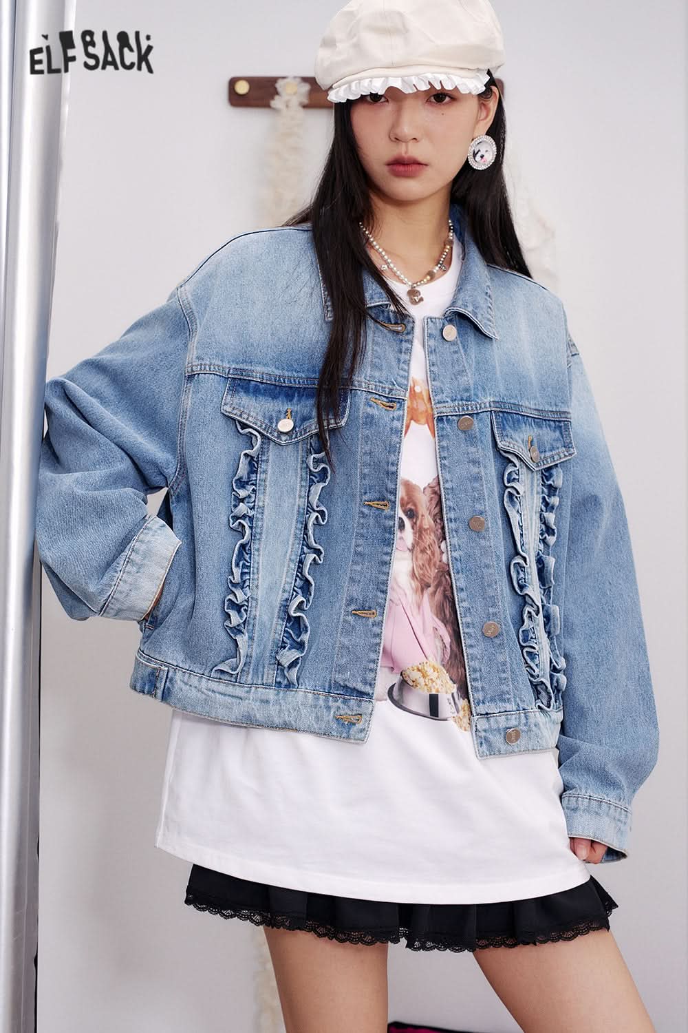 ELFSACK Y2K Washed Ruffles Short Denim Jacket Women Button Up Cropped Womens Lightweight Coats