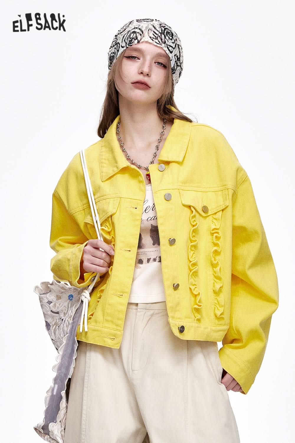 ELFSACK Y2K Washed Ruffles Short Denim Jacket Women Button Up Cropped Womens Lightweight Coats