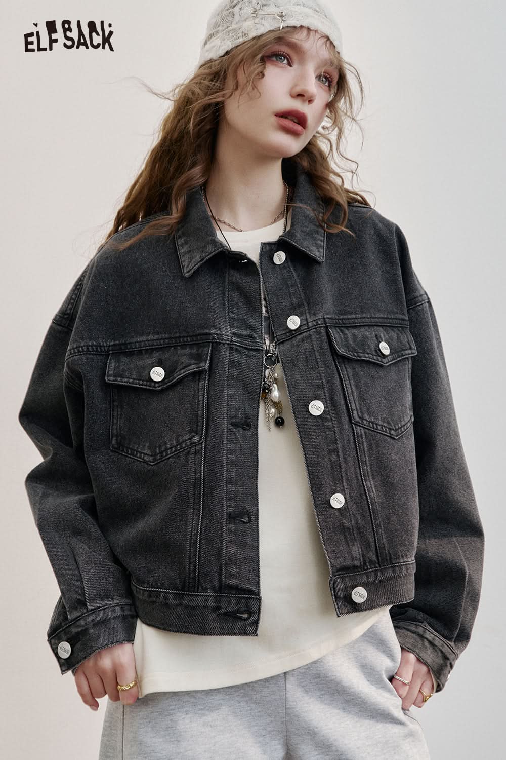 ELFSACK Retro high street denim jacket loose American casual single breasted long sleeves short jacket tops