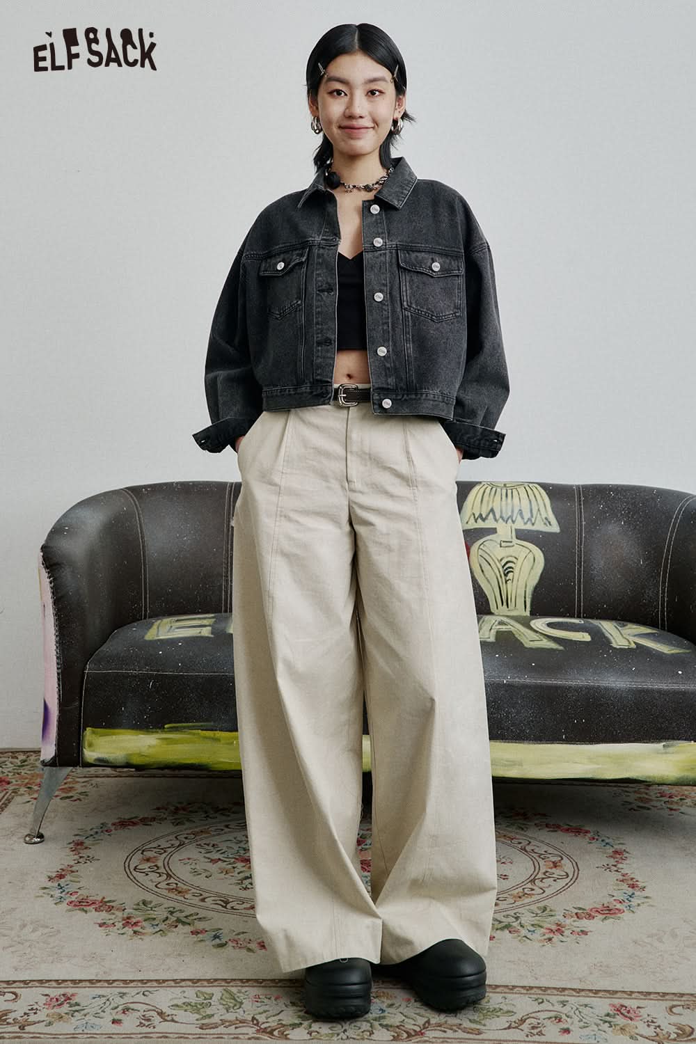 ELFSACK Retro high street denim jacket loose American casual single breasted long sleeves short jacket tops