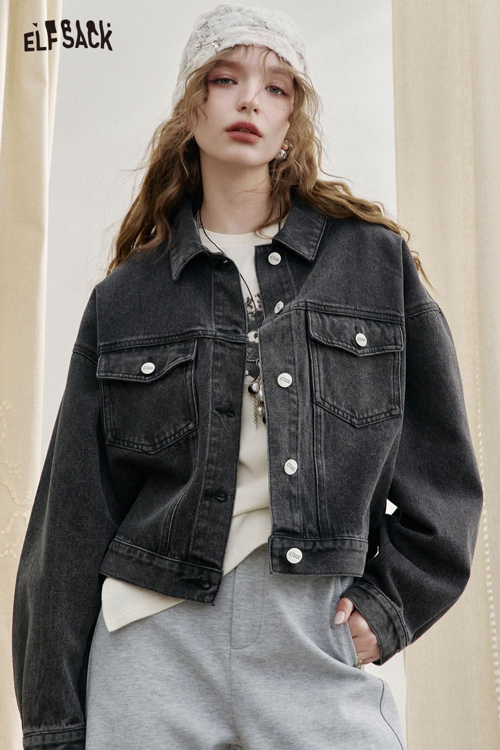 ELFSACK Retro high street denim jacket loose American casual single breasted long sleeves short jacket tops