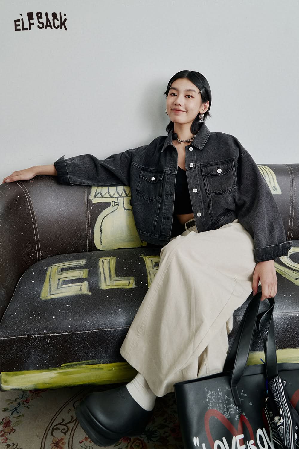 ELFSACK Retro high street denim jacket loose American casual single breasted long sleeves short jacket tops