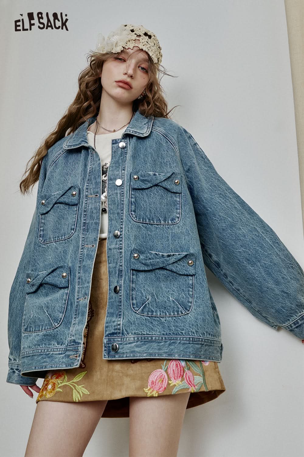 ELFSACK Vintage Single Breasted Pockets Blue Denim Jacket Women