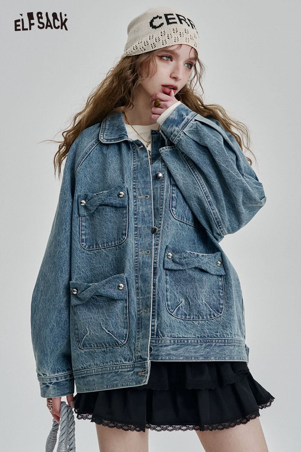ELFSACK Vintage Single Breasted Pockets Blue Denim Jacket Women