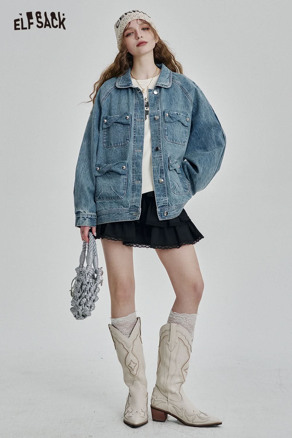 ELFSACK Vintage Single Breasted Pockets Blue Denim Jacket Women