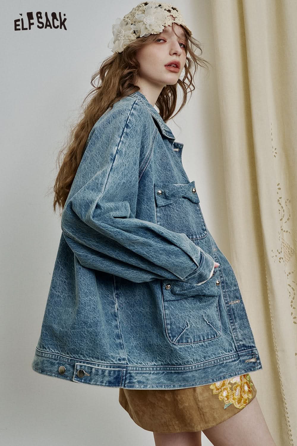 ELFSACK Vintage Single Breasted Pockets Blue Denim Jacket Women
