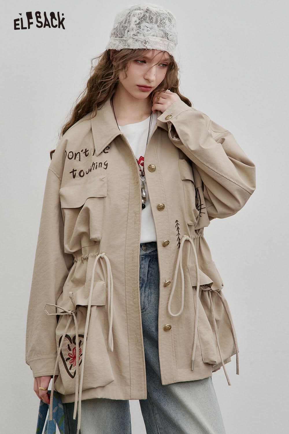ELFSACK Loose Casual Embroidery Mid-Length Jacket Women Drawstring Single-Breasted Top