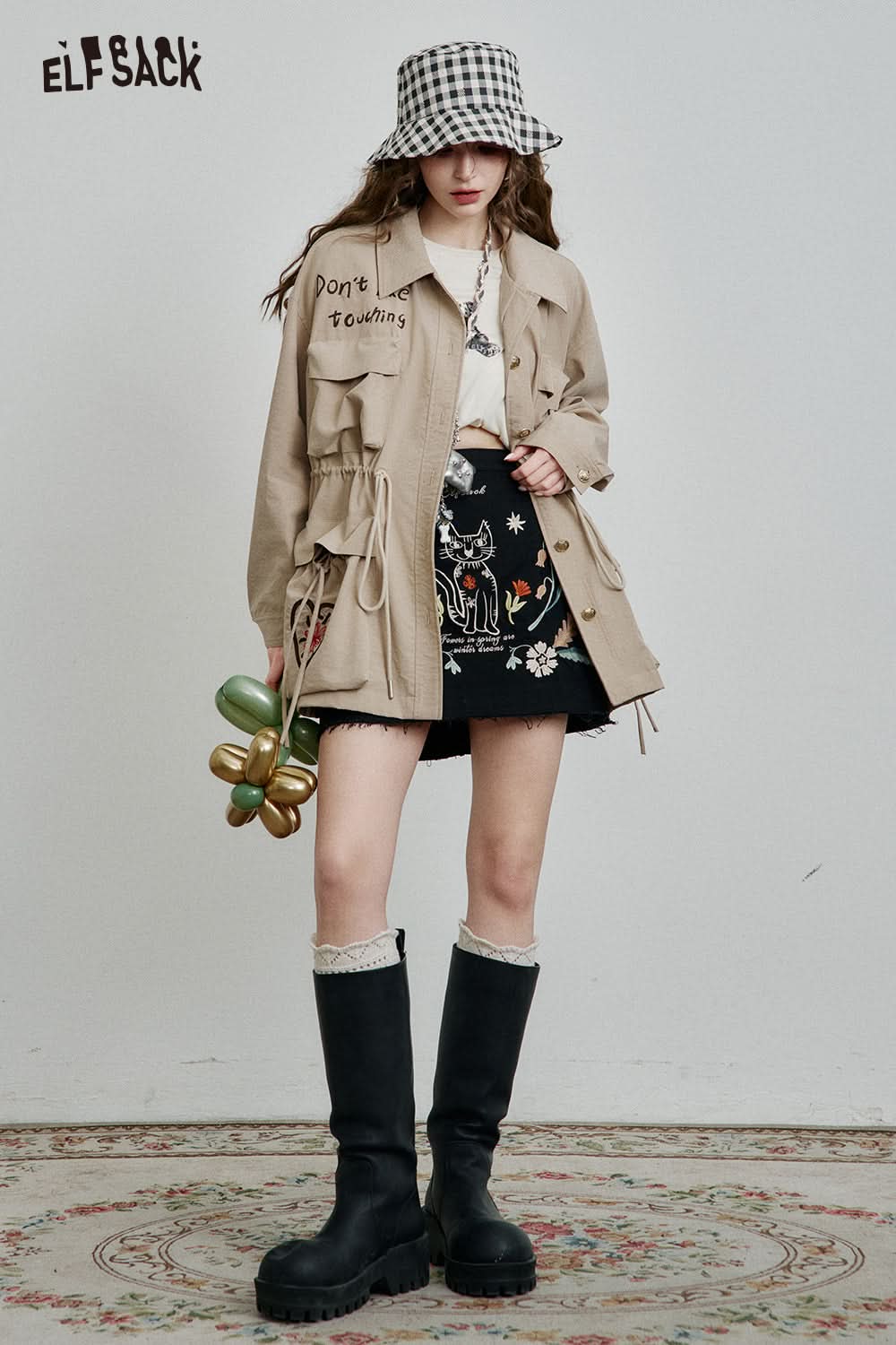 ELFSACK Loose Casual Embroidery Mid-Length Jacket Women Drawstring Single-Breasted Top