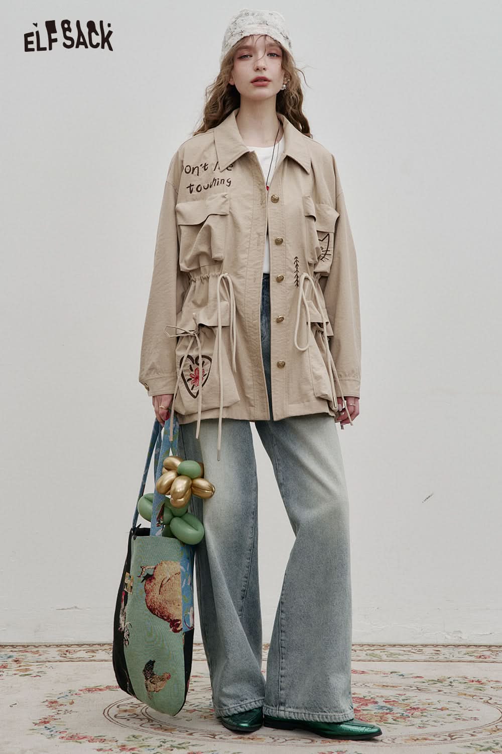 ELFSACK Loose Casual Embroidery Mid-Length Jacket Women Drawstring Single-Breasted Top