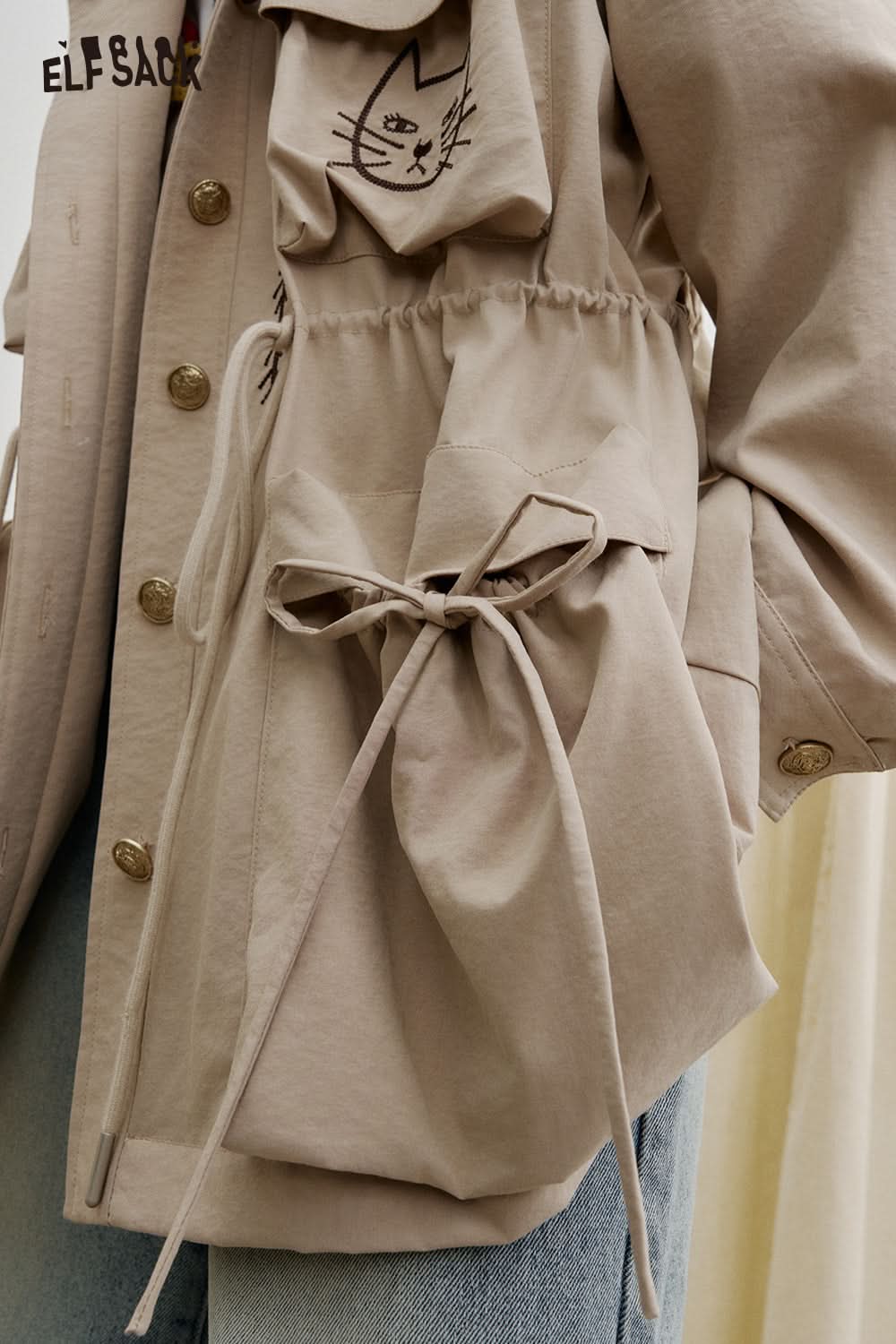 ELFSACK Loose Casual Embroidery Mid-Length Jacket Women Drawstring Single-Breasted Top