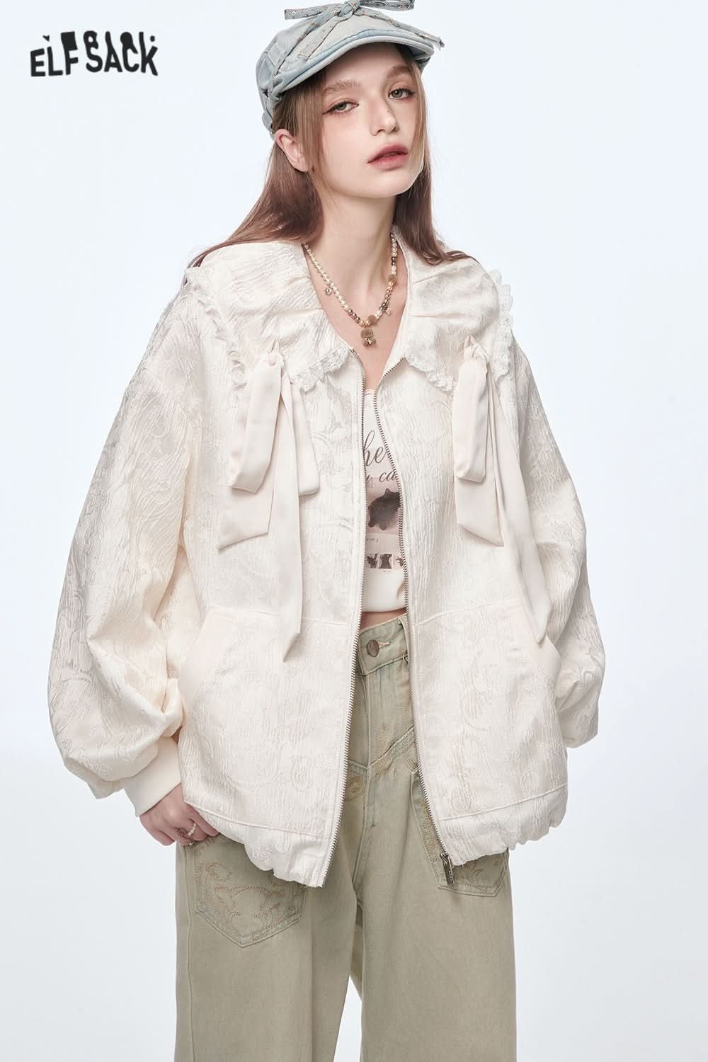 ELFSACK White Bow Lace Stitching Peter Pan Collar Loose Jacket