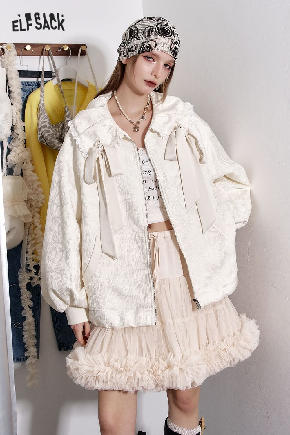 ELFSACK White Bow Lace Stitching Peter Pan Collar Loose Jacket