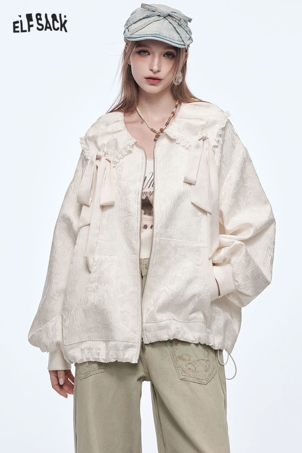 ELFSACK White Bow Lace Stitching Peter Pan Collar Loose Jacket