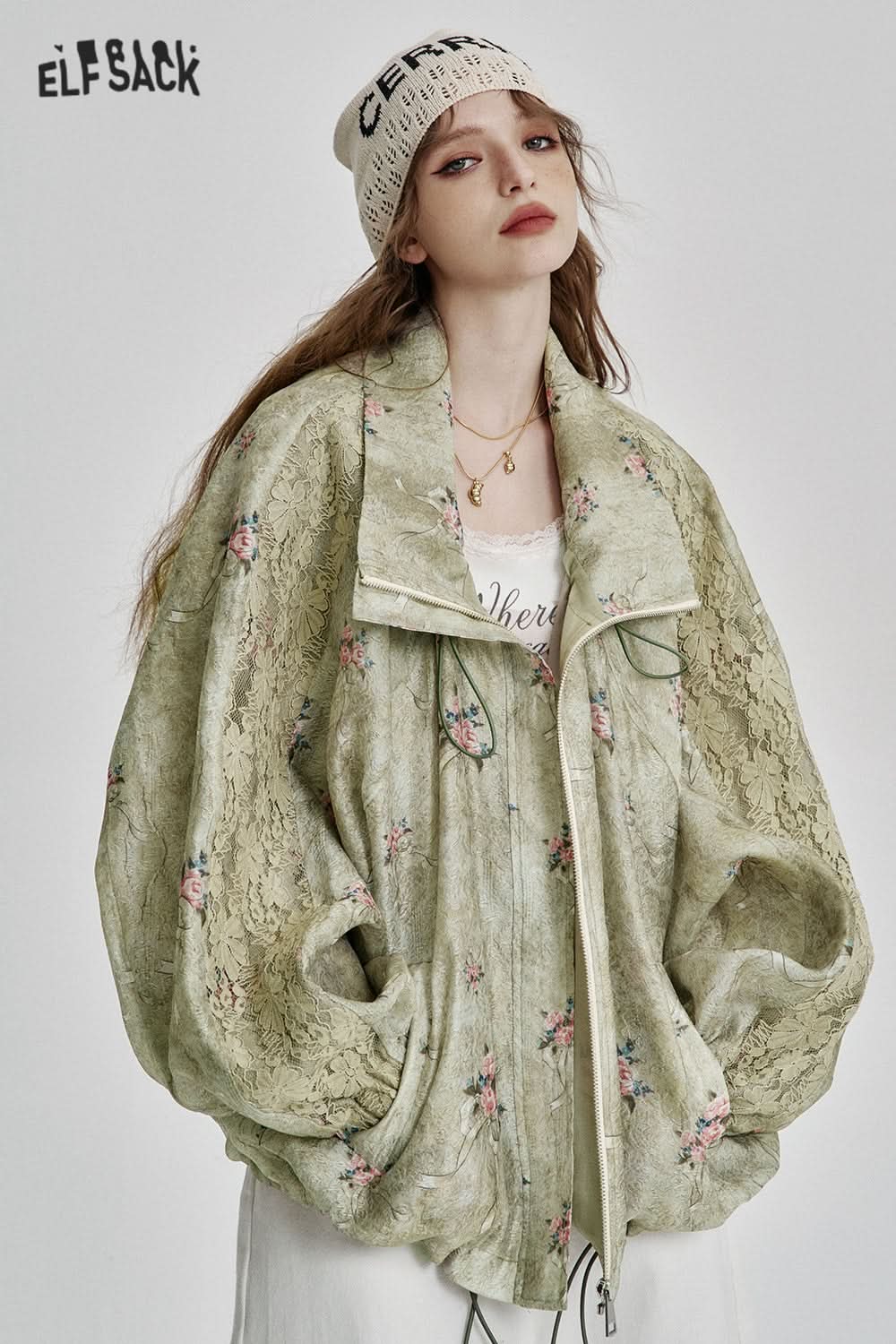 ELFSACK Elegant lace floral print loose short jacket