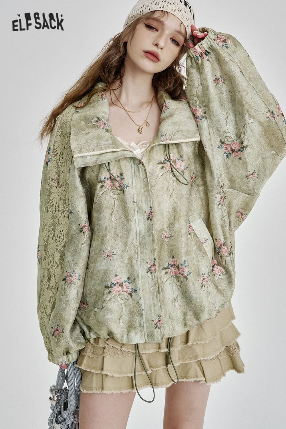 ELFSACK Elegant lace floral print loose short jacket