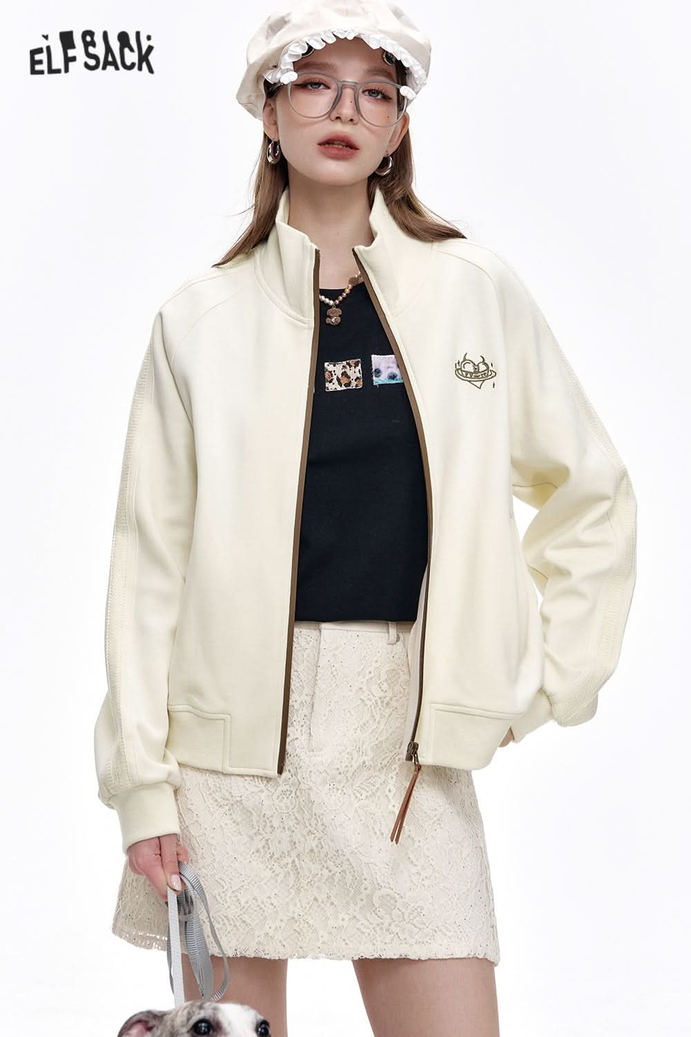 ELFSACK Original embroidery lace patchwork jacket retro sports casual tops