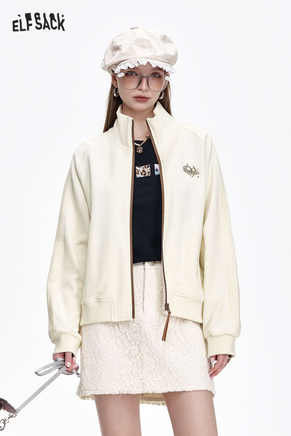 ELFSACK Original embroidery lace patchwork jacket retro sports casual tops