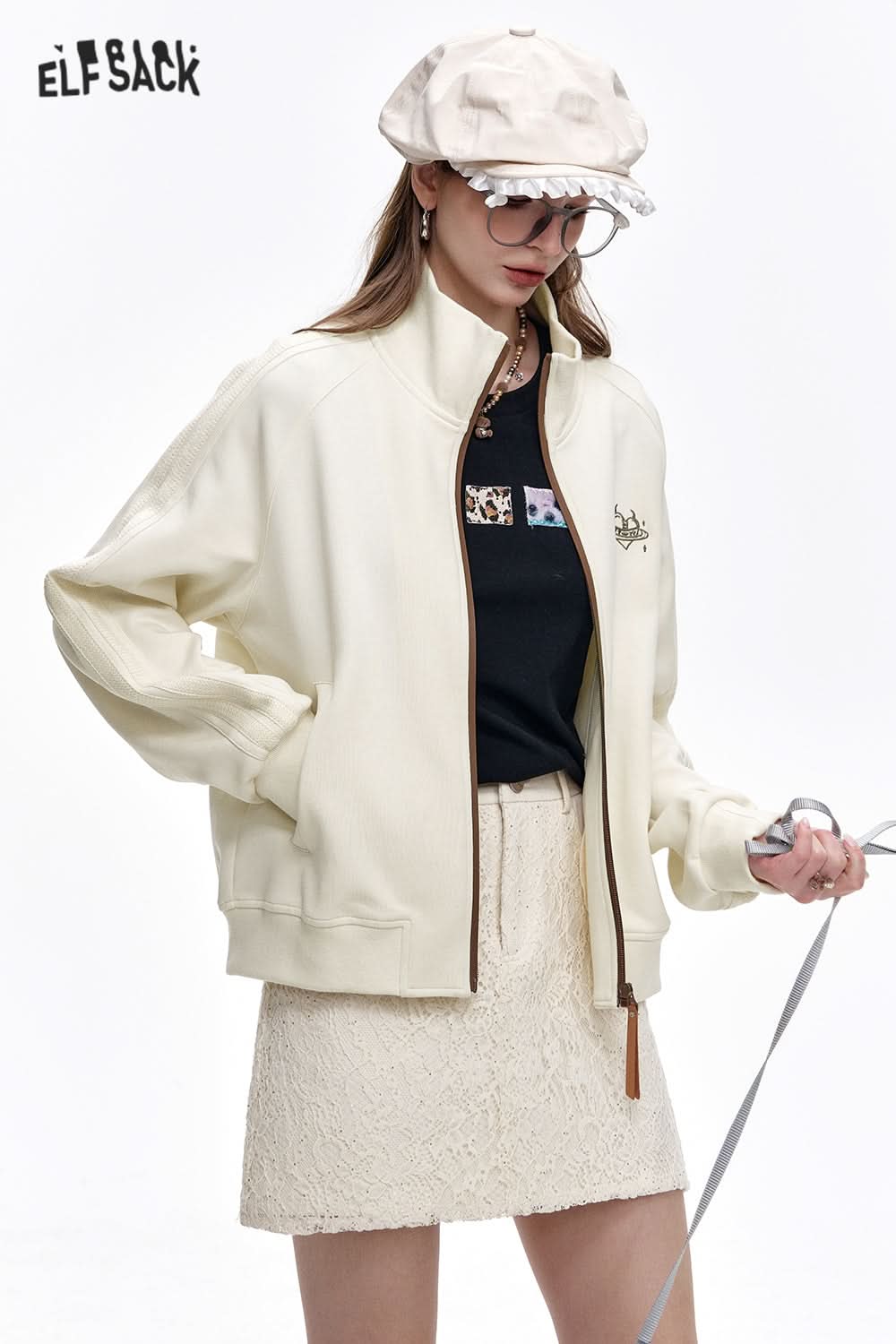 ELFSACK Original embroidery lace patchwork jacket retro sports casual tops