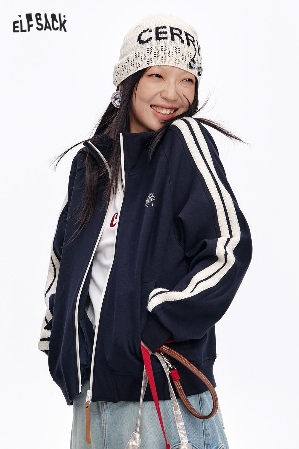 ELFSACK Original embroidery lace patchwork jacket retro sports casual tops