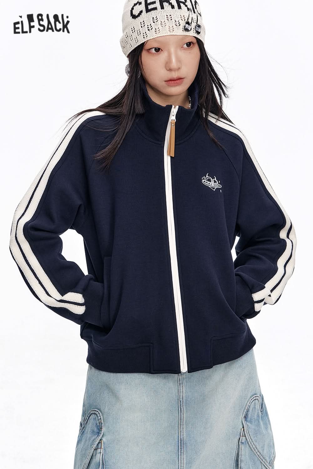 ELFSACK Original embroidery lace patchwork jacket retro sports casual tops