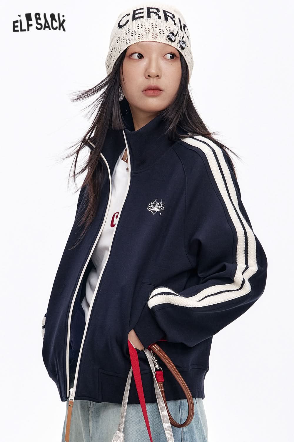 ELFSACK Original embroidery lace patchwork jacket retro sports casual tops