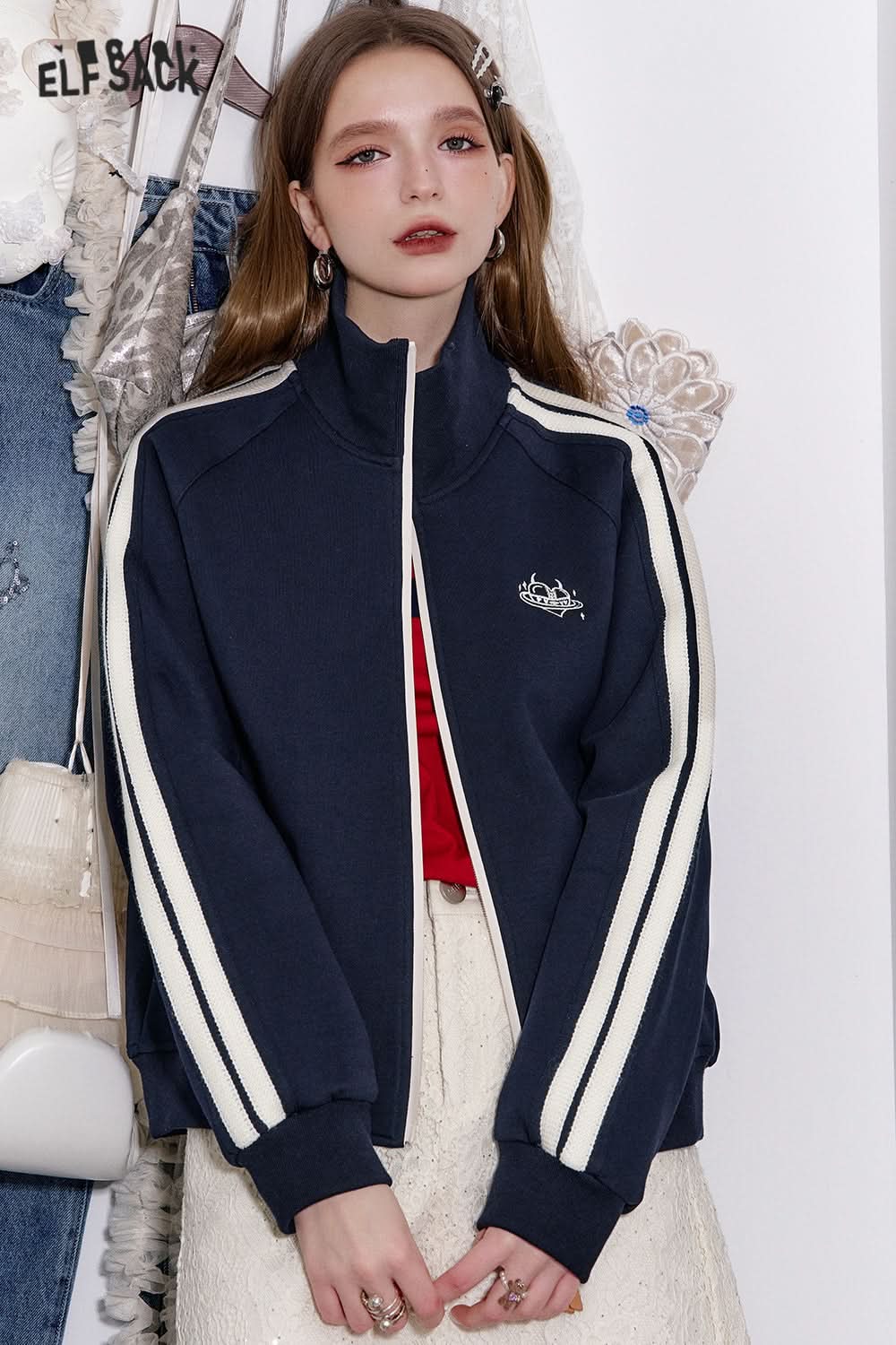 ELFSACK Original embroidery lace patchwork jacket retro sports casual tops