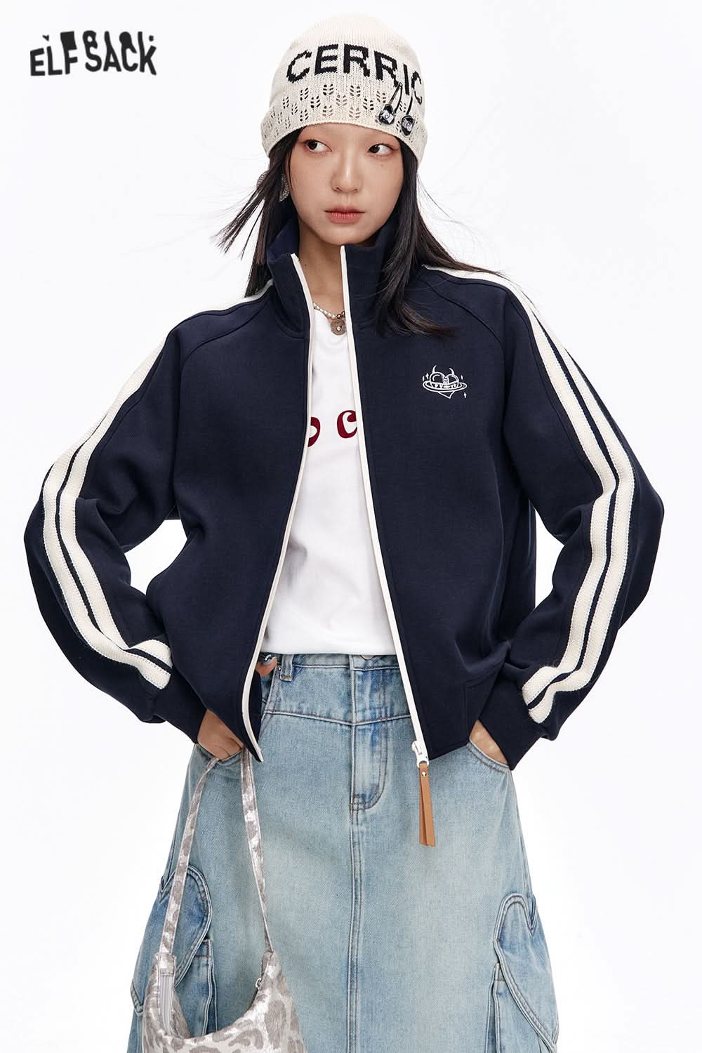 ELFSACK Original embroidery lace patchwork jacket retro sports casual tops