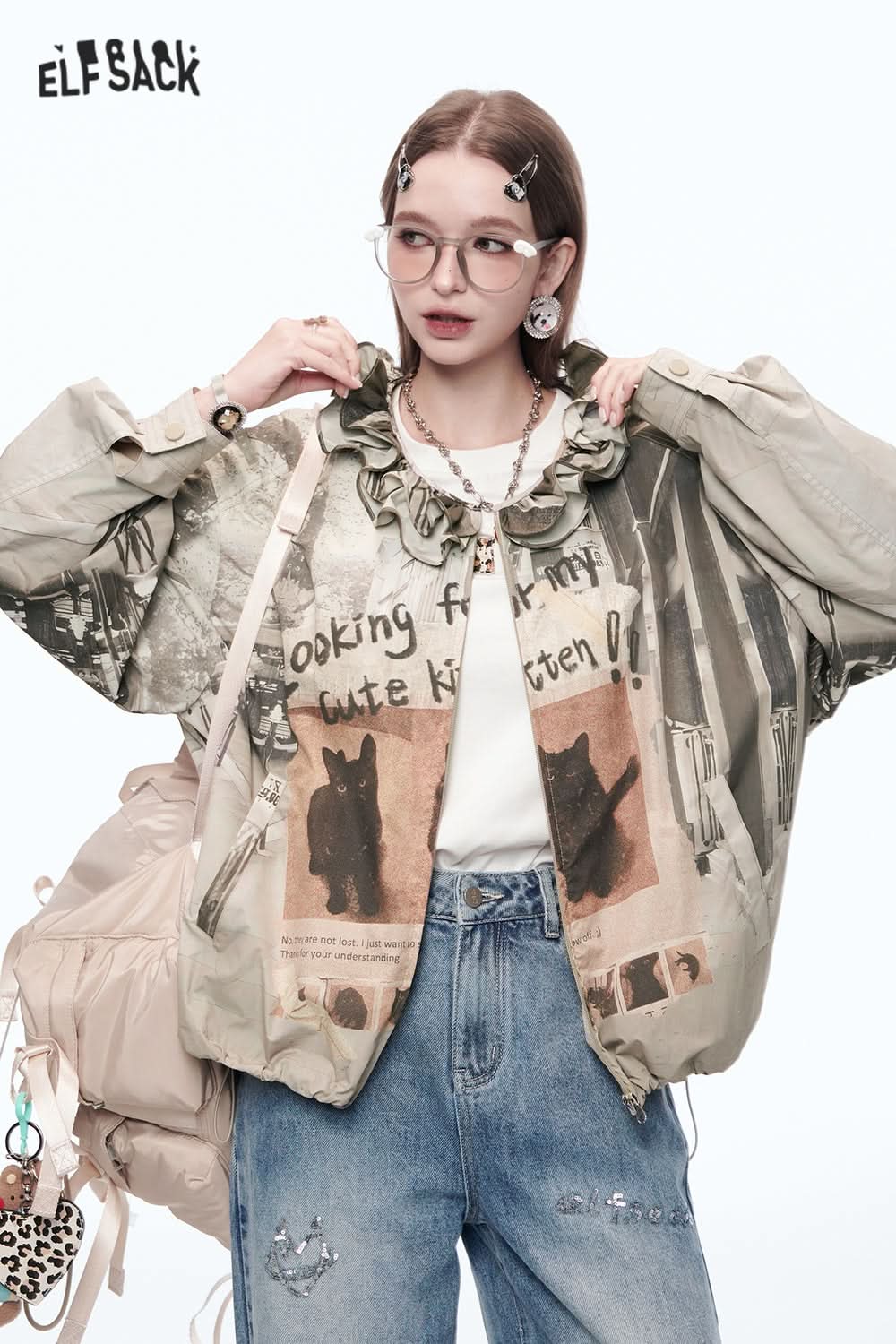 ELFSACK Y2K Retro Cats Print Loose Short Jacket Women Zipper Agaric Neckline Casual Jacket