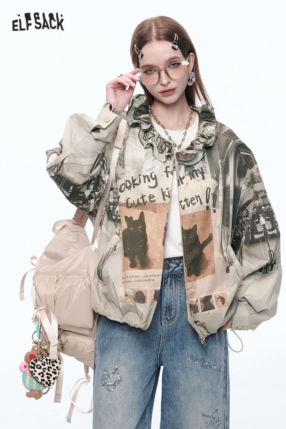 ELFSACK Y2K Retro Cats Print Loose Short Jacket Women Zipper Agaric Neckline Casual Jacket