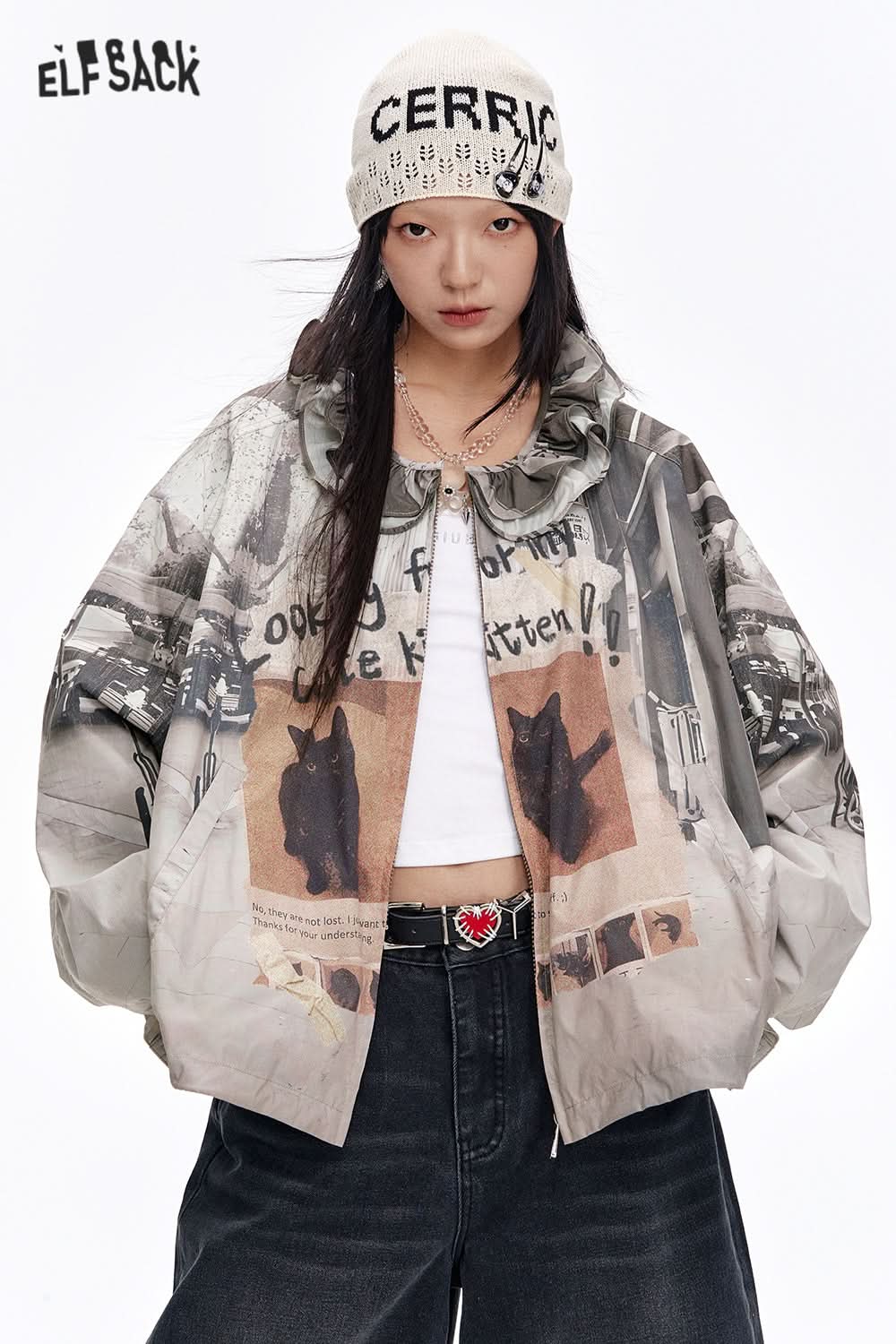 ELFSACK Y2K Retro Cats Print Loose Short Jacket Women Zipper Agaric Neckline Casual Jacket