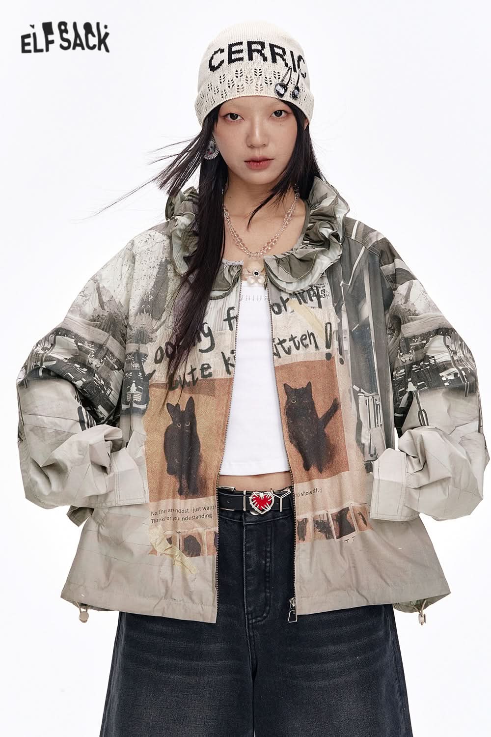 ELFSACK Y2K Retro Cats Print Loose Short Jacket Women Zipper Agaric Neckline Casual Jacket
