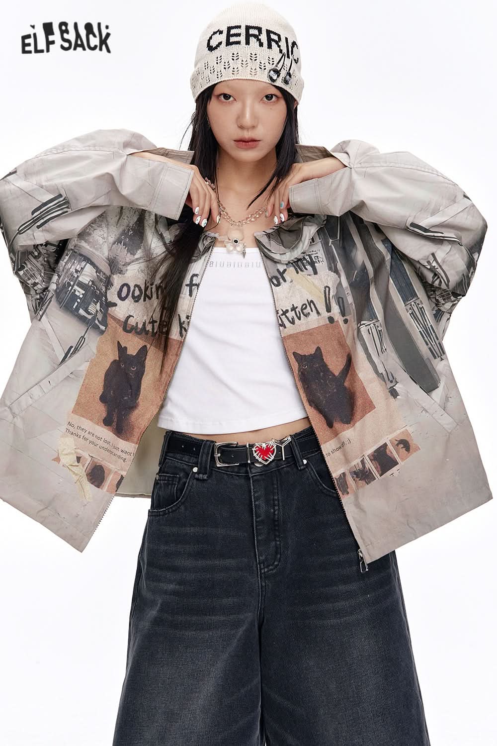 ELFSACK Y2K Retro Cats Print Loose Short Jacket Women Zipper Agaric Neckline Casual Jacket