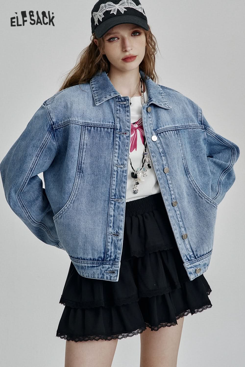 ELFSACK Casual Blue Single Breasted Short Washed Denim Jacket Women
