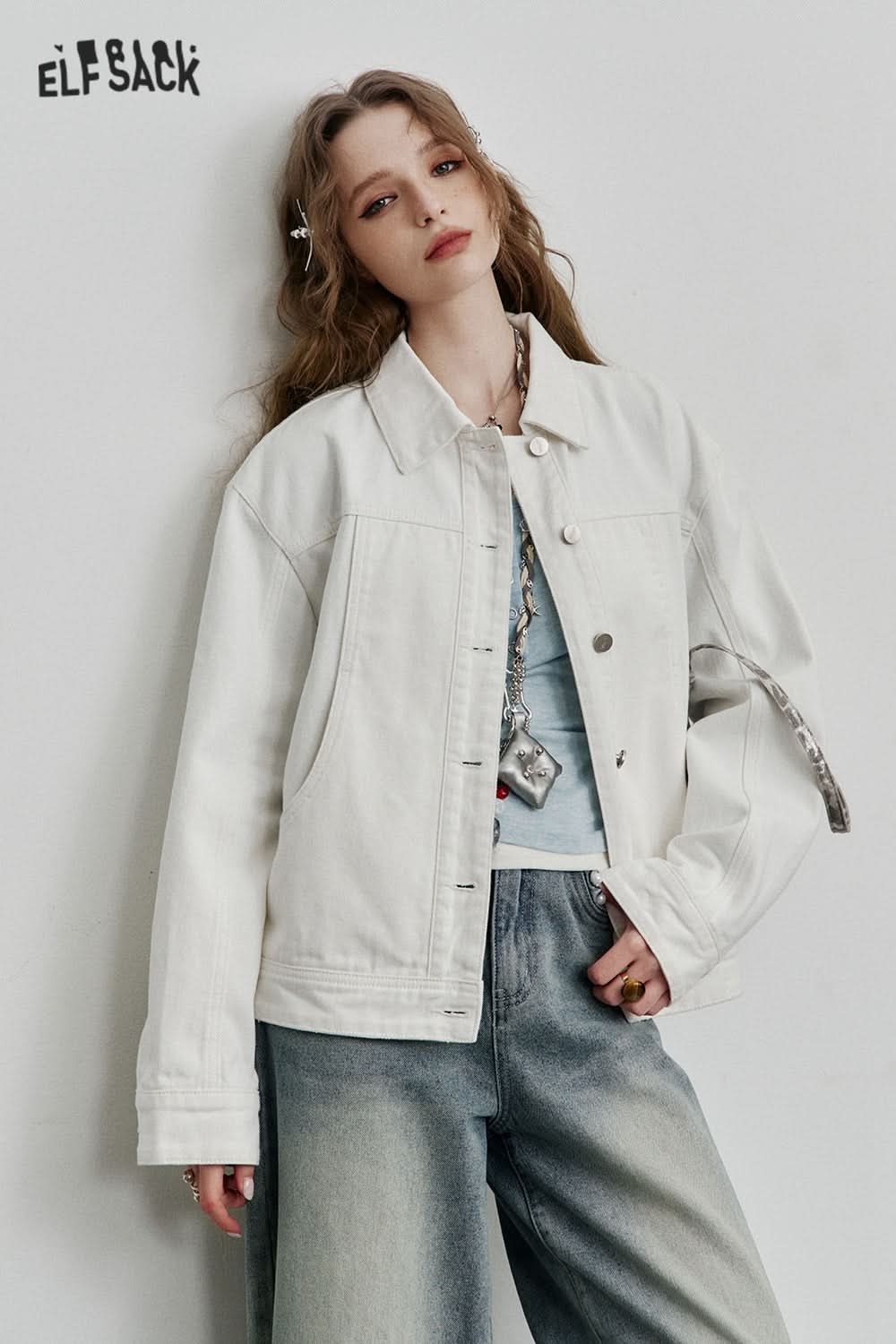 ELFSACK Casual Blue Single Breasted Short Washed Denim Jacket Women