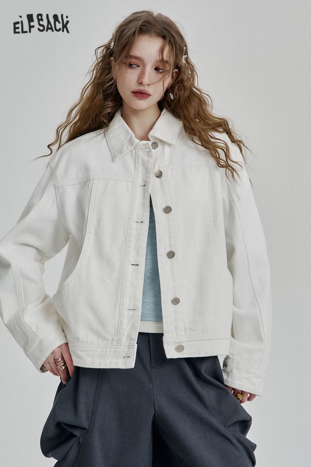 ELFSACK Casual Blue Single Breasted Short Washed Denim Jacket Women