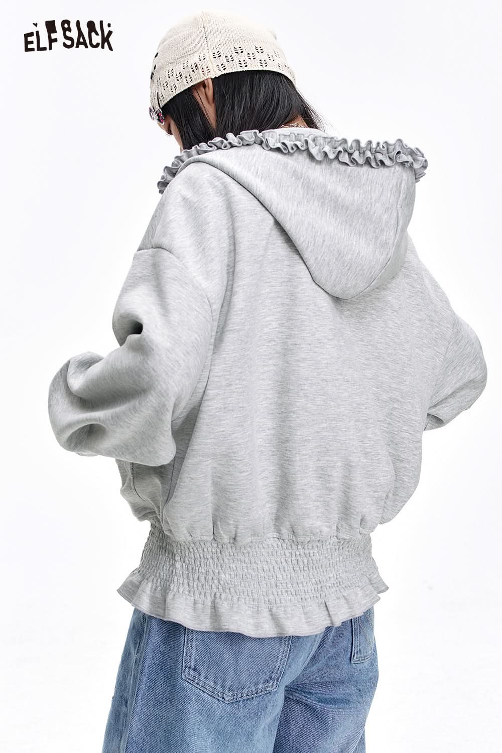 ELFSACK Casual Grey Embroidered Ruffles Stitching Hoodies Women's Zipper Hooded Short Jacket