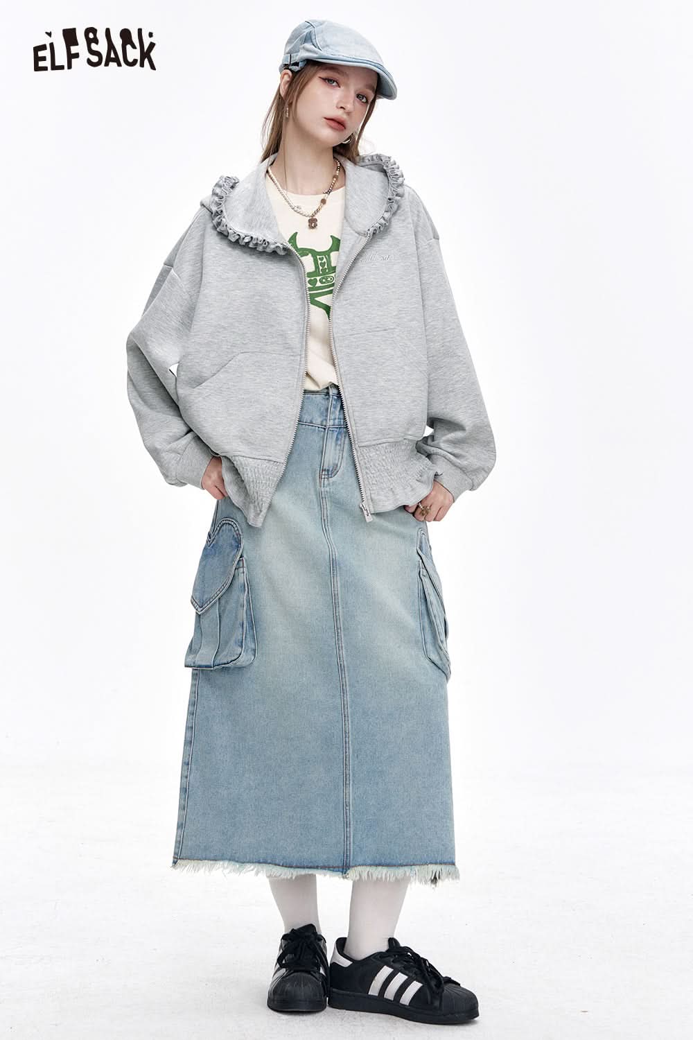 ELFSACK Casual Grey Embroidered Ruffles Stitching Hoodies Women's Zipper Hooded Short Jacket