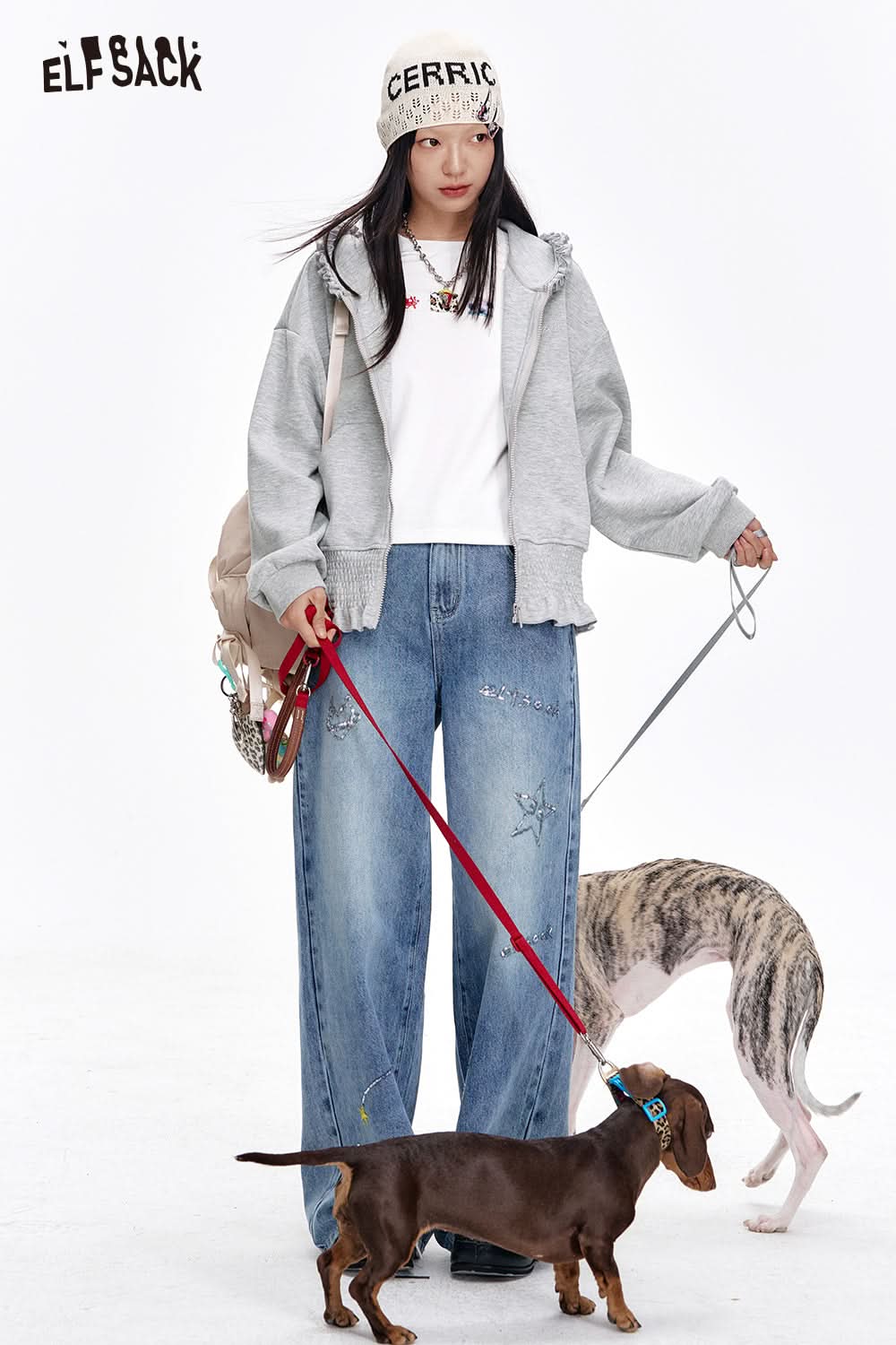 ELFSACK Casual Grey Embroidered Ruffles Stitching Hoodies Women's Zipper Hooded Short Jacket