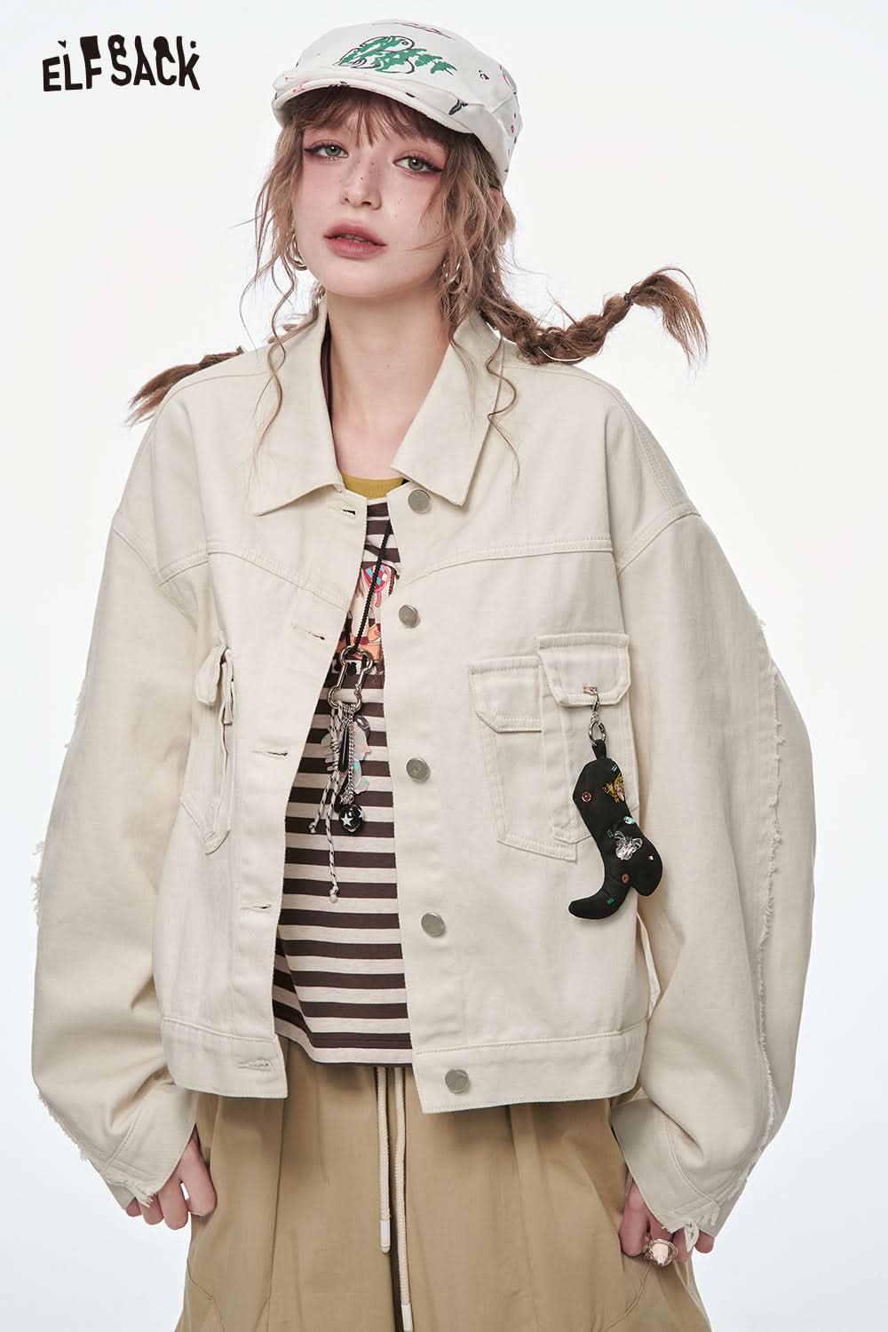 ELFSACK Off-white short denim jacket women's casual versatile cotton single-breasted top