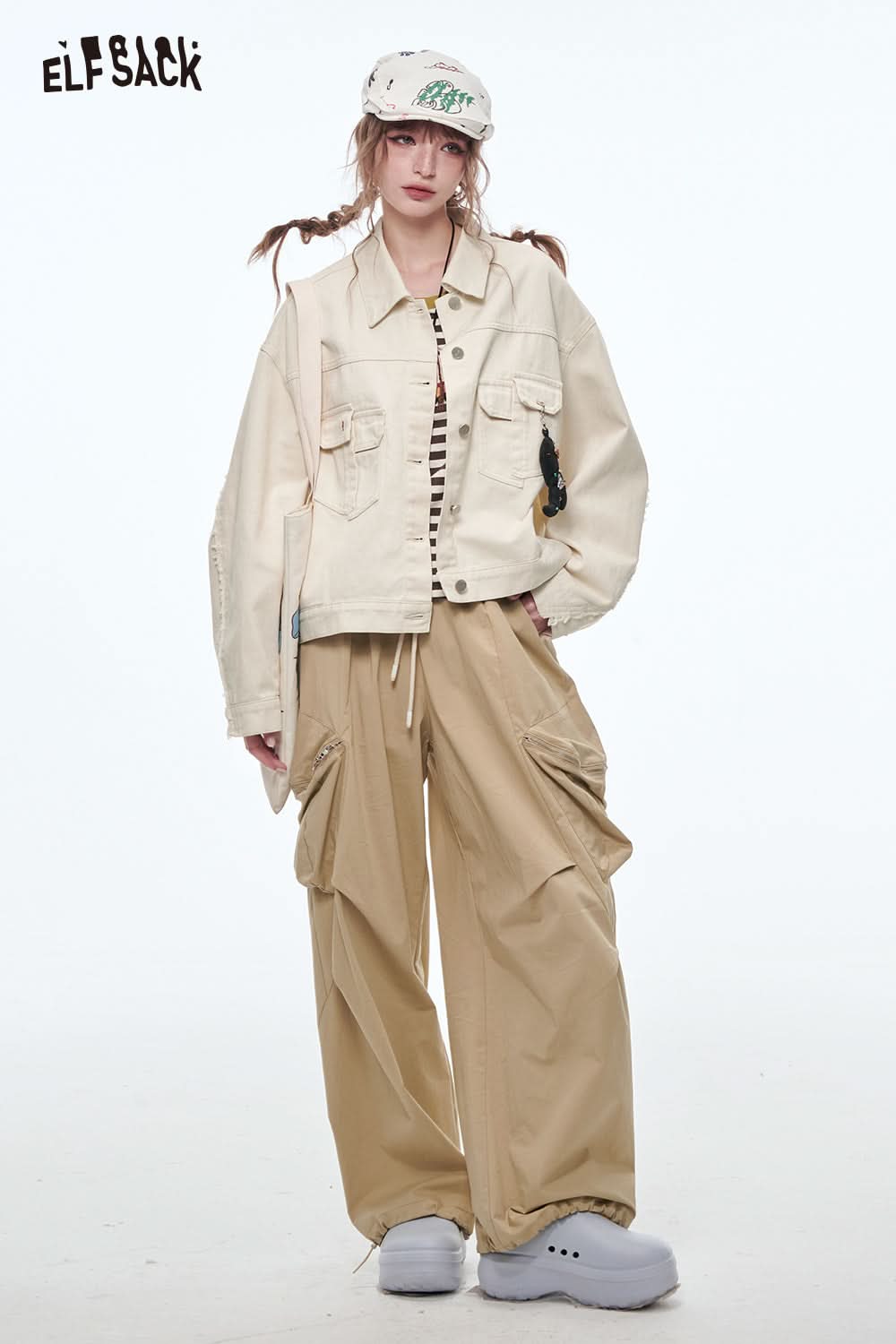 ELFSACK Off-white short denim jacket women's casual versatile cotton single-breasted top