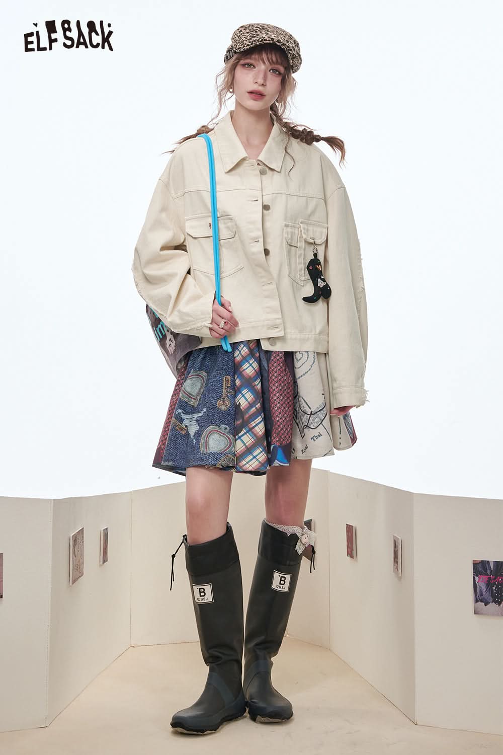 ELFSACK Off-white short denim jacket women's casual versatile cotton single-breasted top