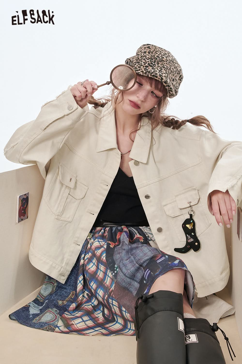 ELFSACK Off-white short denim jacket women's casual versatile cotton single-breasted top